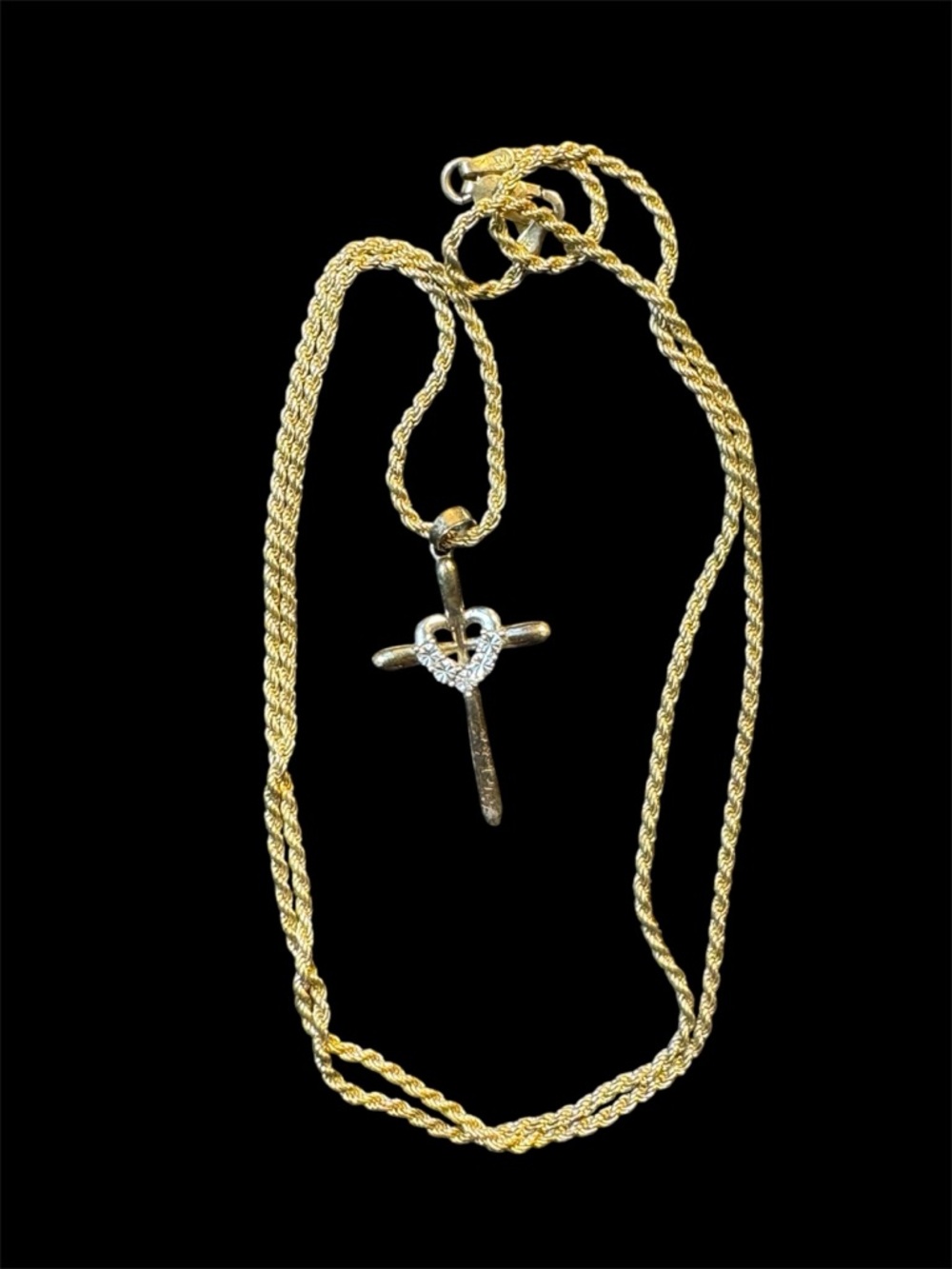 Vintage Heart And Cross Pendant Necklace Sterling Silver Two Tone Signed RL